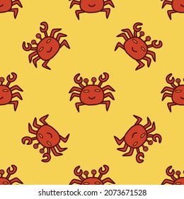 Seamless pattern Cute happy crab. Colorful vector illustration hand drawn on a yellow background print or card. Wrapping or fabric, paper or textile