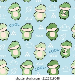 Seamless pattern of cute happy crocodile cartoon on blue background.Leaf,cloud,water hand drawn.Wild animal.Image for card,poster,kid product,baby clothing.Kawaii.Vector.Illustration. 