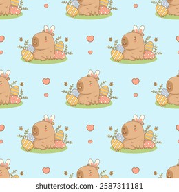 Seamless pattern. Cute happy Easter Capybara with Bunny Ears and decorative Eggs on blue background with hearts. Holiday cartoon kawaii character. Vector illustration. Kids collection