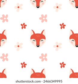 Seamless pattern with cute happy fox head and flowers in cartoon hand drawn style. Kids design for print, textile, wrapping paper, wallpaper, nursery. 