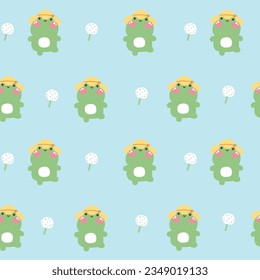 Seamless pattern of cute happy frog wear hat with pollen flower on pastel blue background.Reptile animal character cartoon design.Baby clothing.Kawaii.Vector.Illustration.