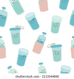 Seamless pattern with cute happy funny bottles and glasses. vector cartoon kawaii character water. Drink more water every day concept.