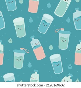 Seamless pattern with cute happy funny bottles and glasses. vector cartoon kawaii character water. Drink more water every day concept.