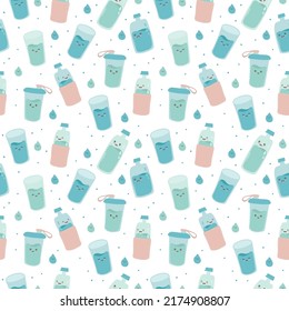 Seamless pattern with cute happy funny bottles and glasses. vector cartoon kawaii character water. Drink more water every day concept.