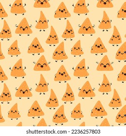 Seamless pattern with Cute happy funny nachos set collection. Happy food positive emoji, funny kawaii