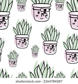 Seamless pattern Cute happy funny succulents plants