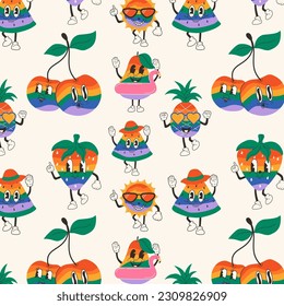 Seamless pattern with Cute happy funny rainbow fruits with kawaii eyes . 