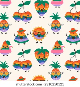 Seamless pattern with Cute happy funny rainbow fruits with kawaii eyes . 