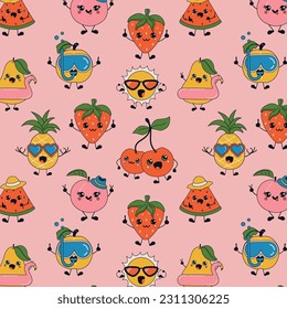  Seamless pattern with Cute happy funny  fruits with kawaii eyes