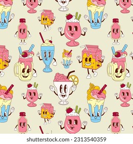 Seamless pattern with Cute happy funny milkshake  30s cartoon mascot character 40s, 50s, 60s old animation style.	