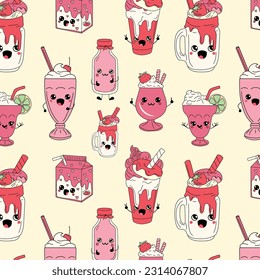 Seamless pattern with Cute happy funny milkshakes with kawaii eyes 