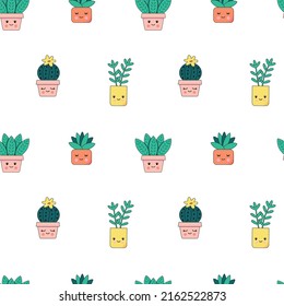 Seamless pattern with cute happy houseplants with faces. Cartoon kawaii cacti in flower pots. Kids flower pattern.
