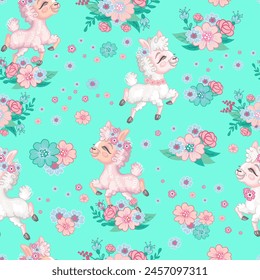 Seamless pattern with cute happy llamas and flowers on a mint pastel background. Cute cartoon style. Vector illustration. For party, print, baby shower, wallpaper, design, linen, apparel