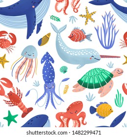 Seamless pattern with cute happy marine animals living in ocean. Backdrop with underwater fauna or sea world creatures on white background. Flat cartoon childish vector illustration for textile print.