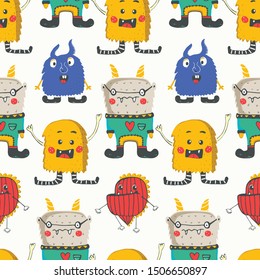 Seamless pattern with cute happy monsters. Hand drawn vector illustration. Can be used for baby t-shirt print, fashion print design, kids wear, baby shower celebration greeting and invitation card.