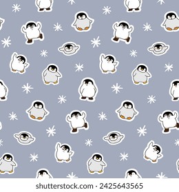 Seamless Pattern of Cute Happy Penguin Design on Blue Grey Background