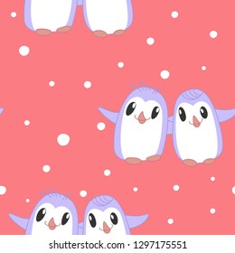 Seamless Pattern with Cute Happy Penguins in Hug Placed on the Pink Background with Snowfall. Kawaii Style design.