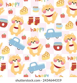 Seamless pattern of cute happy shiba inu dog background.Japanese pet animal character cartoon design.Jam,truck,apple,pie,coffee,sock.Image for card,poster,baby clothing.Kawaii.Vector.Illustration.