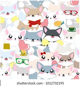 Seamless pattern cute happy smile spring summer baby fox,Emoji emotional celebrated cartoon,for card background pattern vector,by freehand draw doodle art,adorable set animal illustration comic