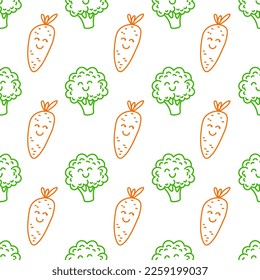 Seamless pattern with cute happy smiling funny broccoli and carrot vegetable kawaii characters. Vector modern line style cartoon ornament on white background. Healthy food design concept.