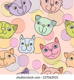 Seamless pattern of the cute happy smiling colorful cats.