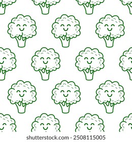 Seamless pattern with cute happy smiling funny broccoli vegetable kawaii character. Modern line style cartoon icons on white background. Healthy food concept.