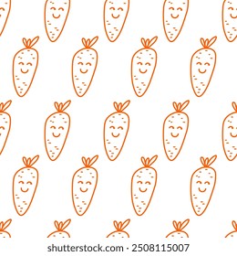 Patrón sin fisuras con el carácter kawaii divertido de la zanahoria de la sonrisa feliz linda. Icono de dibujos animados de estilo de línea moderno aislado sobre fondo blanco. Concepto de comida saludable.
