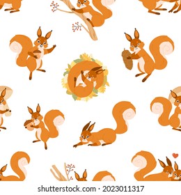 Seamless pattern with cute happy squirrels on white background. Endless repeatable texture with adorable wild animals in autumn. Colored flat vector illustration of printable backdrop with rodents