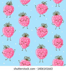 Seamless pattern with cute happy strawberries on blue background