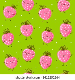 Seamless pattern with cute happy strawberries on green background