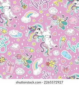 Seamless pattern with cute happy unicorns and magic elements on a pink background. Vector illustration. For party, print, baby shower, wallpaper, design, decor, dishes, bed linen, apparel