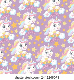 Seamless pattern with cute happy unicorns on a rainbow and stars on a purple background. Vector illustration with magic horse. For party, print, baby shower, wallpaper, design, bed linen, apparel