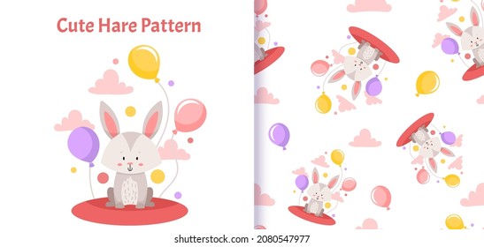Seamless pattern with cute Hare Bunny. Vector illustration for kids. Can be used for textiles print  and gift wrapping Baby Shower. Vector cartoon illustration