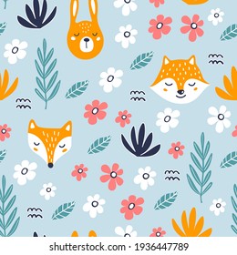 Seamless pattern with cute hare, fox, raccoon.Great for kids apparel, nursery decoration. Vector Illustration