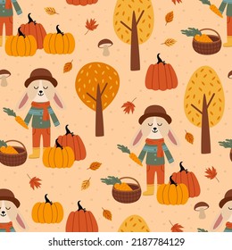 seamless pattern with cute hare and harvest 