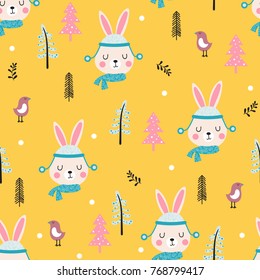 Seamless pattern with cute hare in hat and bird on yellow background. Background for children.