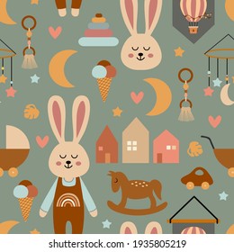 seamless pattern with cute hare and nursery elements