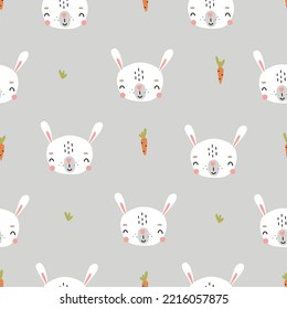 Seamless pattern with a cute hare. Vector illustration for children on a gray background for your design