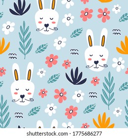 Seamless pattern with cute hare.Great for kids apparel, nursery decoration. Vector Illustration