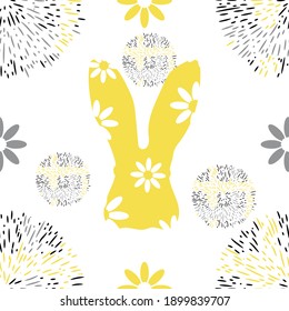 Seamless pattern with cute hares with big ears. Printing on fabrics, baby bedding, pillows, textiles, wrapping paper. Vector illustration.