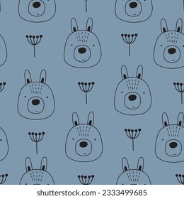 seamless pattern with cute hares in doodle style. Vector illustration for your design