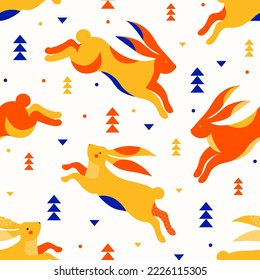 Seamless pattern cute hares jump and run through the winter forest. Colorful festive background funny bunnies. Chinese zodiac Rabbit symbol. Vector flat illustration in geometric minimalism style