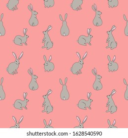 
Seamless pattern with cute hares on a pink background. Stock vector illustration for decoration and design, packaging, wallpaper, fabrics, postcards, web pages, wrapping paper, Easter and more
