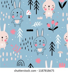 Seamless pattern with cute hares in Scandinavian style. Vector funny illustration for children.