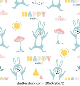 patrón ininterrumpido con liebres lindos de estilo escandinavo, ilustración vectorial divertida para niños de conejo feliz, hongos, sol y letras, diseño plano