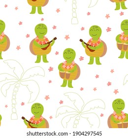 Seamless pattern with cute hawaiian turtles. Boys play to music on ukulele and  drums. They are perfect for baby, kids apparel, print design, textile.