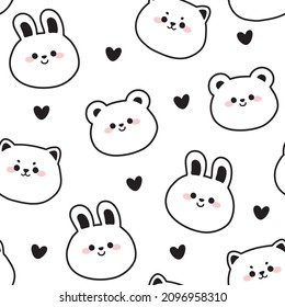 Seamless pattern of cute head animal cartoon in line concept.White background.Image for apparel,fabric,textile,wrapping, paper,gift.Kid graphic design.Bear,rabbit,shiba inu dog.Vetor.Illustration.