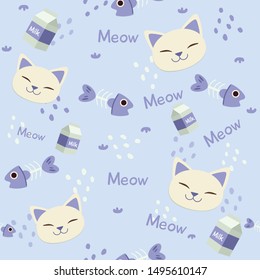 The seamless pattern of cute head of cat with fishbone and milk box in flat vector style. Illustration
 for background, graphic,content , banner, sticker.