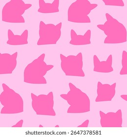 Seamless pattern with cute head cats. Hand drawn fun childish print. Monochrome print. Pink colors. Vector illustration