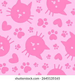 Seamless pattern with cute head and paw cats. Hand drawn fun childish print. Monochrome print. Pink colors. Vector illustration